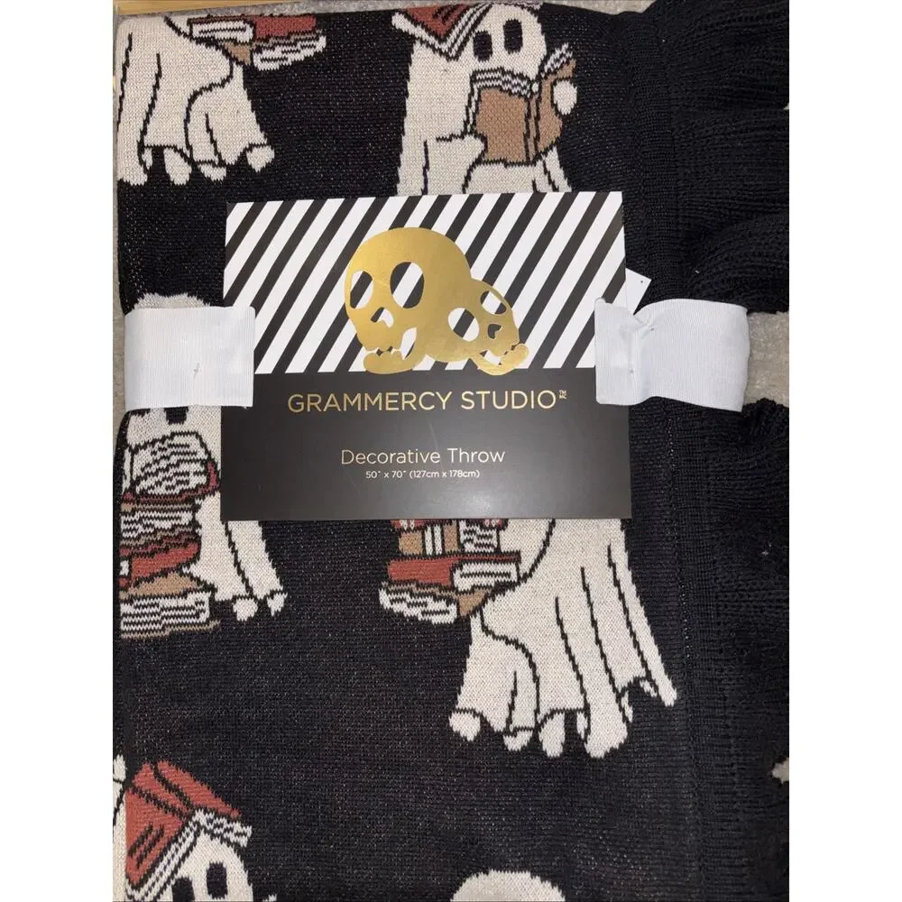 Halloween Ghost Reading Books Throw Blanket Viral Black Ruffled Edge NEW